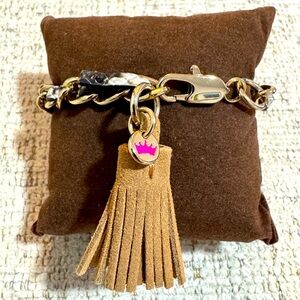 Elaine Turner Gold Chain and Tan Snakeskin Bracelet with Tassel Charm